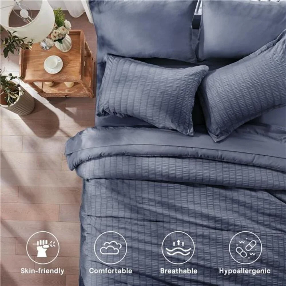 New Full Comforter Set 7 pieces, Greyish Blue Seersucker Bedding Set